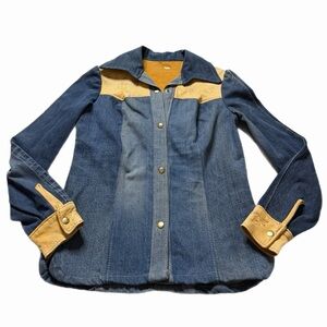 VTG 70s Denim Leather Snap Button Down Shirt M Western Festival Cowgirl Boho